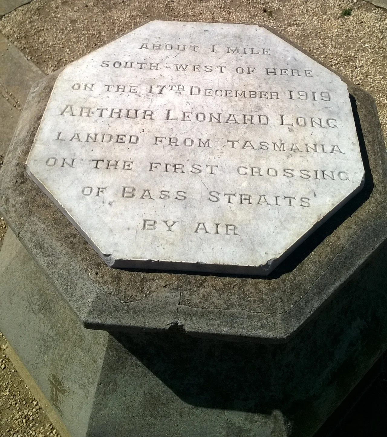 Monument commemorating first crossing of the Bass Strait by Arthur Leonard Long. Erected in 1926 in Torquay, Victoria.
