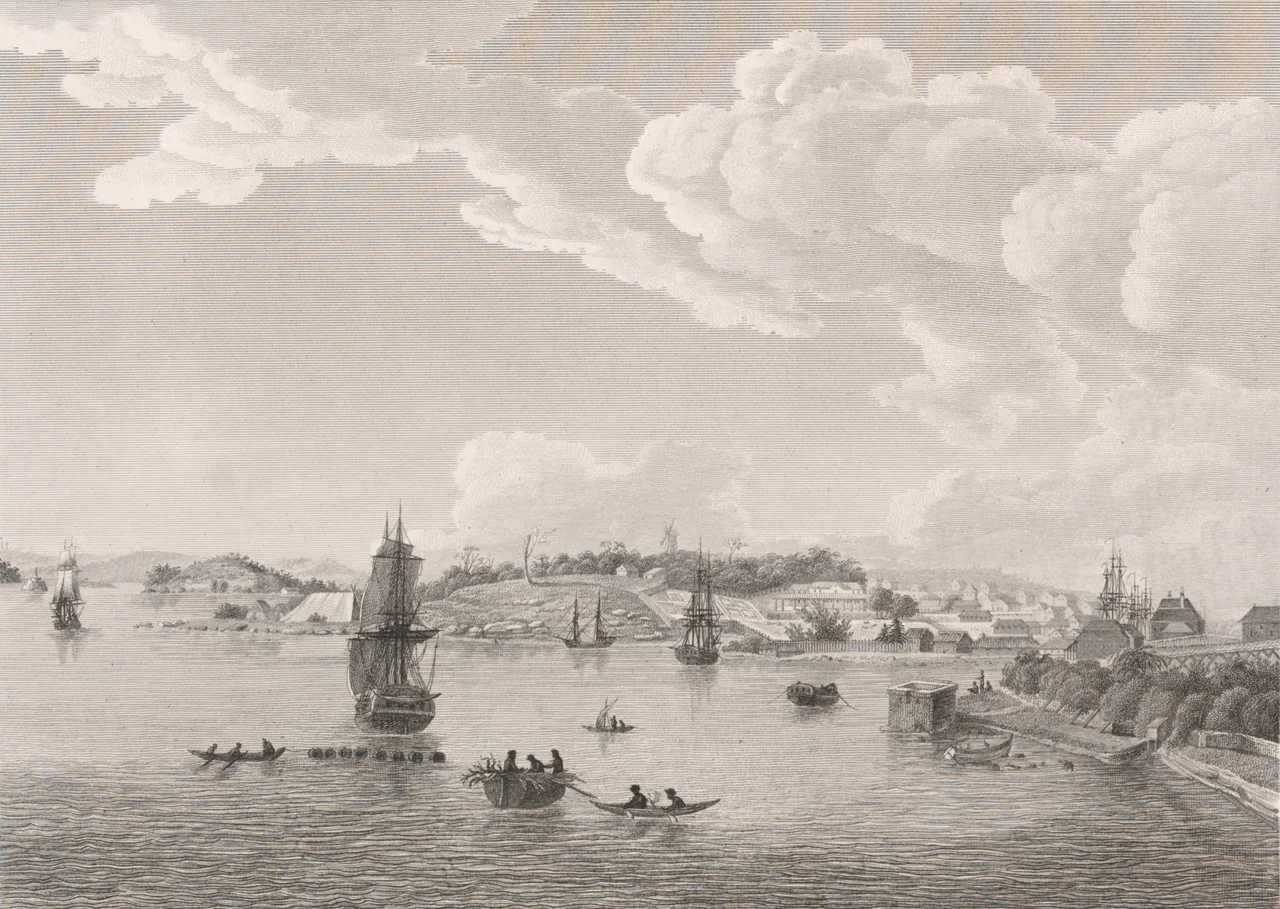 Sydney c.1802, engraving based on work by Charles Alexandre Lesueur, printed by de Jacques Langlois for Voyage of Discovery to the Southern Lands published by François Péron in 1807 and subsequently completed and corrected by de Freycinet. From left to right this engraving depicts the following structures of early Sydney: Pinchgut (later to be developed as Fort Denison), Garden Island, Baudin's camp (tents shown to the left of the sailing ship; Baudin camped in Sydney in 1802), Boston's Mill (on the hill, centre of image), Government House (a grand structure), Campbell's Warehouse (square building on point in foreground), Campbell's house (Campbell was the main merchant of Sydney), and Nicholas Bayly's house (Bayly was a member of the NSW Corp and received land grants here). Charles-Alexandre Lesueur was an artist on board Nicolas Baudin's scientific expedition in 1800-1804.From left to right this engraving depicts the following structures of early Sydney: Pinchgut (later to be developed as Fort Denison), Garden Island, Baudin's camp (tents shown to the left of the sailing ship; Baudin camped in Sydney in 1802), Boston's Mill (on the hill, centre of image), Government House (a grand structure), Campbell's Warehouse (square building on point in foreground), Campbell's house (Campbell was the main merchant of Sydney), and Nicholas Bayly's house (Bayly was a member of the NSW Corp and received land grants here). Charles-Alexandre Lesueur was an artist on board Nicolas Baudin's scientific expedition in 1800-1804.
Paris : De l'Imprimerie Impériale,1807-1817
State Library of New South Wales, RB/DQ990A/71* , Q81/22 , Q81/13 , RB/EQ919/PER , F81/11 , MAV/FM4/10764 , Q81/11 , RB/F990A/19 , MAV/FM4/10842 , RB/DQ990A/74 , Q81/12 , MRB/Q980/P , DSM/X980/1 , RB/DQ990A/73 , RB/DQ990A/72* , RB/DQ990A/72 , MRB/X1 , Q980/P , MRB/Q3 , MRB/Q2 , MRB/Q4 , X980/P , F980/P , RB/DQ990A/71 , MRB/Q5 , MRB/F18 , MRB/F980/