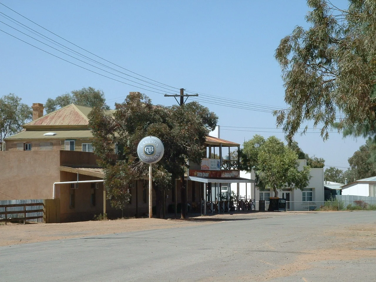 A view south along the main street of Tibooburra looking south towards the two storey pub