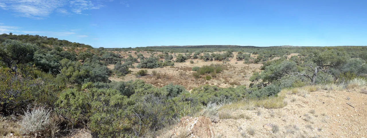 A panorama of Boxhole meteorite crater in the Northern Territory of Australia.  Three images taken 10 July 2011, stitched together.