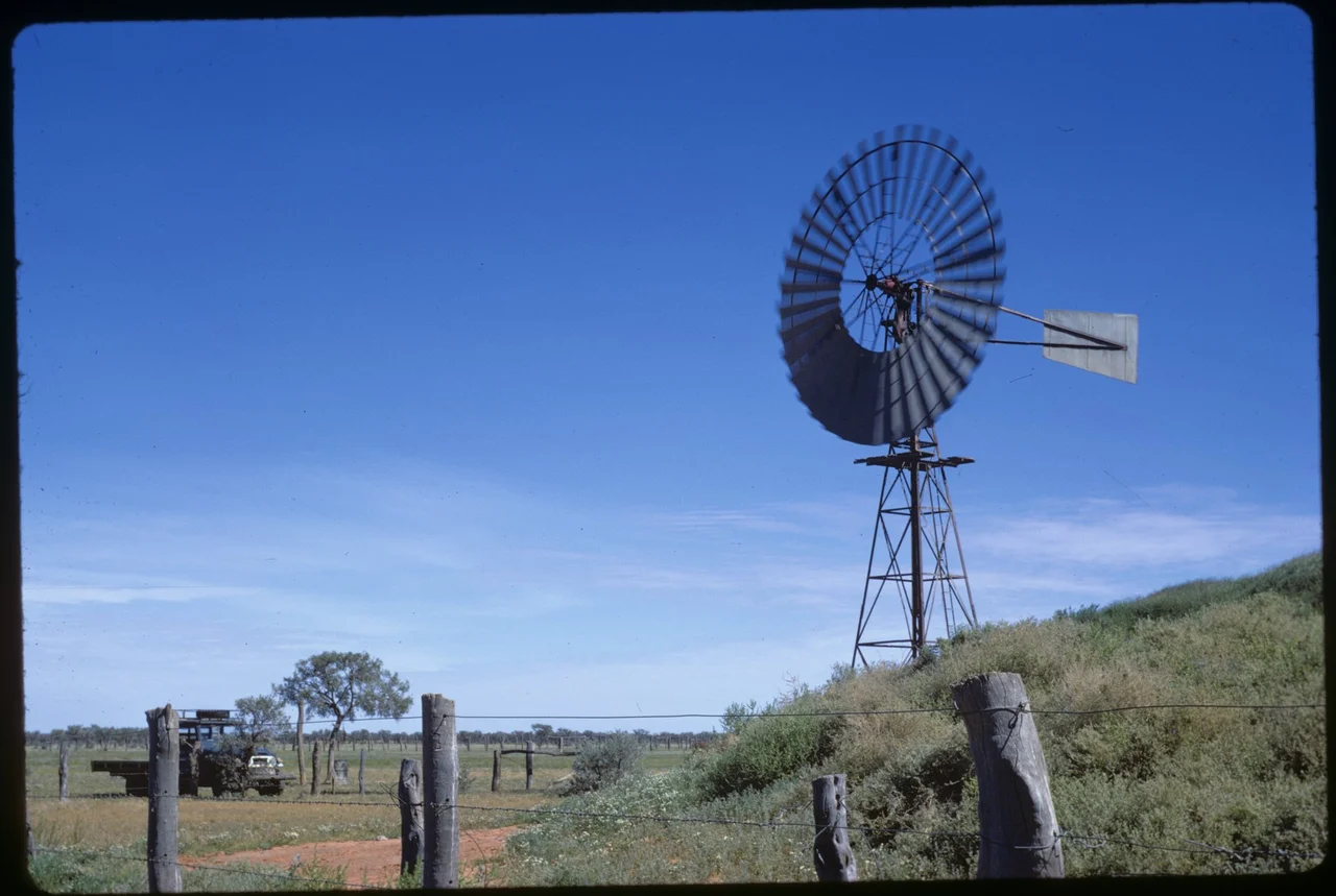 Big mill somewhere near Marqua Station on Plenty Highway on way to Tobermorey. [Date on slide mount Sept. 73]