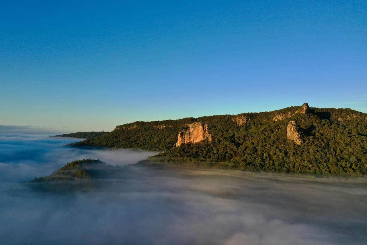 Nimbin Rocks Morning Fog Aerial Shot in the Northern Rivers of NSW Australia