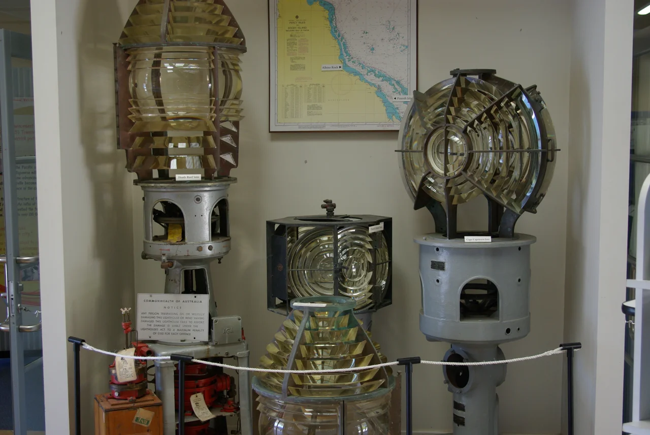 Lenses removed from the lighthouses that used to mark the Great Barrier Reef, now at Townsville Maritime Museum.
From the top left, Heath Reef, Penrith Island, Cape Capricorn. On the bottom Wharton Reef.