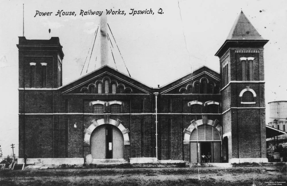 Power House at the Ipswich Railway Workshops, Ipswich, Queensland,ca. 1914
Postcard image of the Power House at the Ipswich Railway Works in Ipswich, Queensland in ca. 1914.