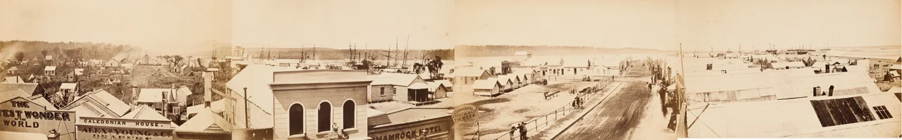 Hokitika, New Zealand, ca. 1875, panorama by unknown, from vintage print, New Zealand Views album, State Library of New South Wales, DL PX 150