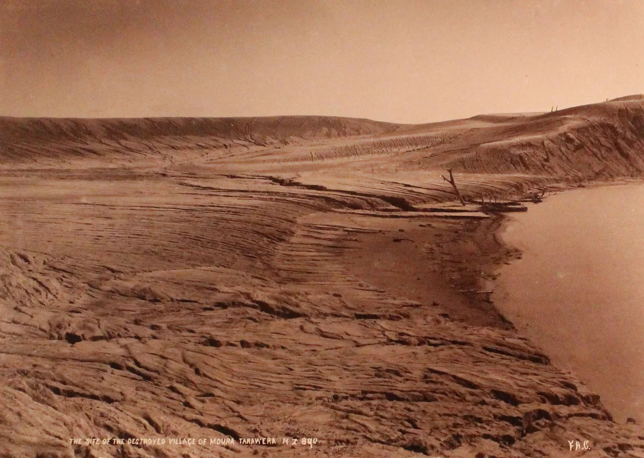 Appears to be a mud flow or lava sloping down toward a lake. A few dead trees visible.
Site of destroyed village of Moura  (probably destroyed by the June 1886 eruption of Mt. Tarawera). Inscription reads, "The site of the destroyed village of Moura, Tarawera New Zealand."
Archives Number: 1008-2-1-2-9-45
Keywords: charles appleton longfellow; frank a. coxhead; new zealand; travel