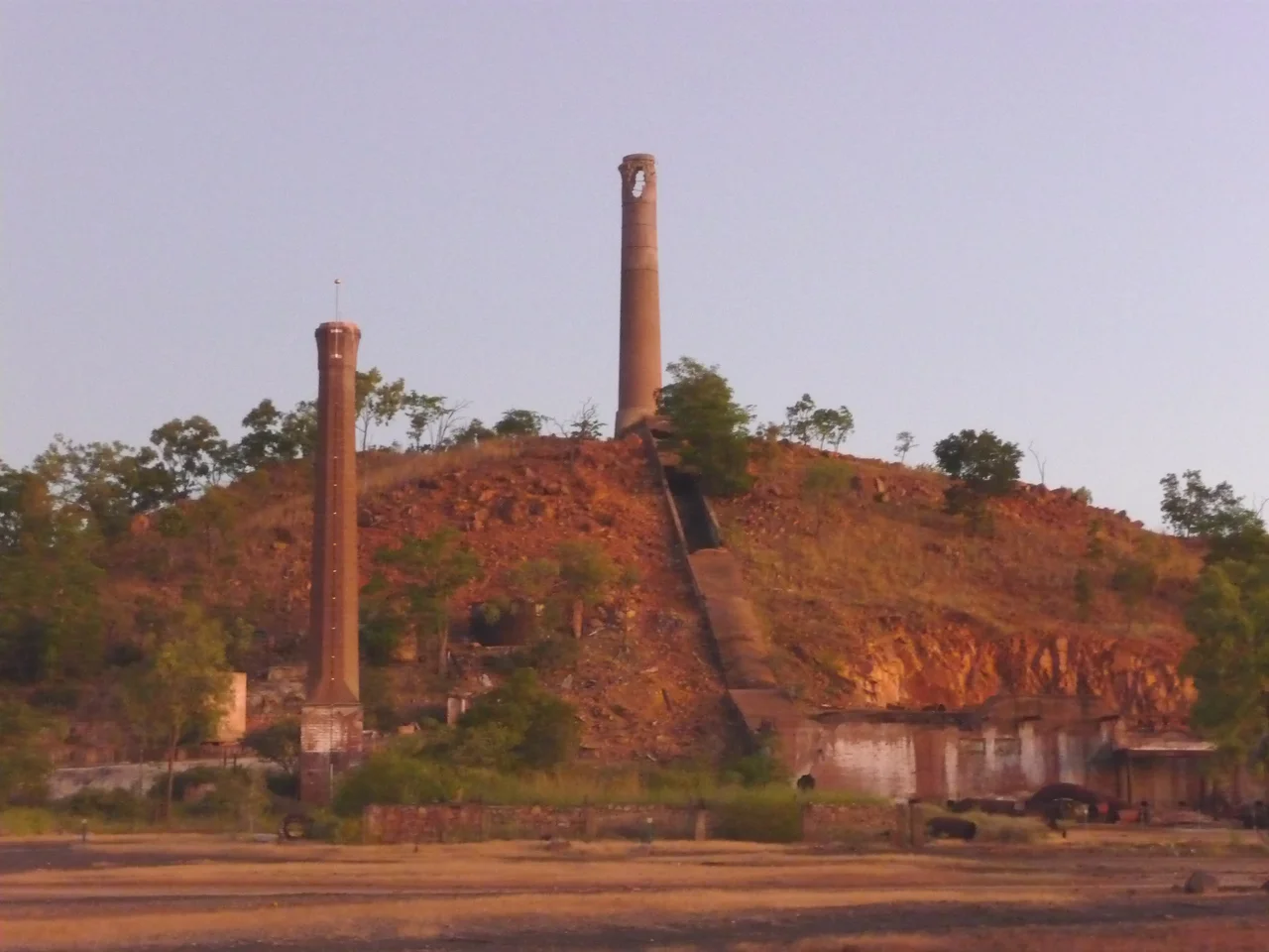 Chillagoe Smelters looking south, the powerhouse chimney in the fore ground ant high on the hill is the main smelter flue and chimney.