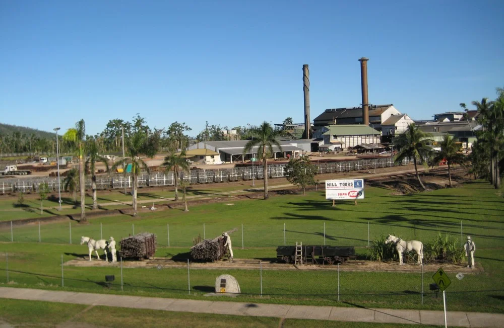 Tully Sugar Mill and display depicting Tully district sugar pioneers, viewed form the top of the Golden Gumboot, 2011.