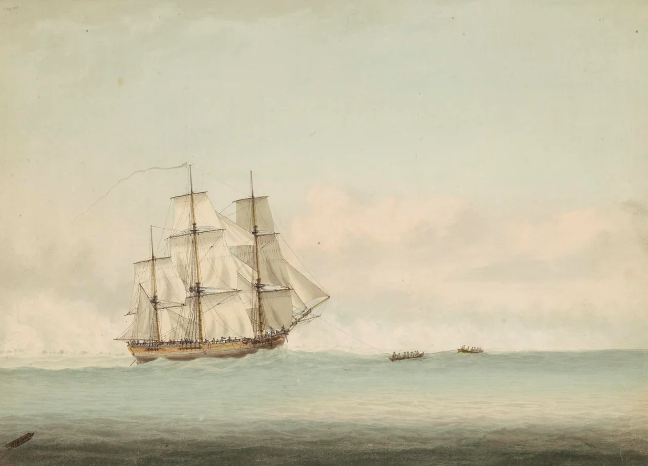 Painting by Samuel Atkins (1787-1808) of Endeavour off the coast of New Holland during Cook's voyage of discovery 1768-1771. Inscription on reverse of painting indicates it relates to the grounding of the Endeavour on the Great Barrier Reef in June 1770.