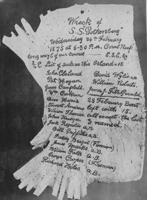 Creator unknown. Black &amp; white photo held by the South Australia Museum records. The turtle shell was engraved by the 18 survivors of the SS Gothenburg who managed to reach Holbourne Island on two lifeboats in February 1875. It is believed, although not certain, that the photograph was taken by the Adelaide School of Photography in July 1875. Free of copyright restriction. The actual turtle shell was presented to the South Australia Museum in 1932 by Mr W.D. Cleland, brother of John Cleland, one of the survivors.