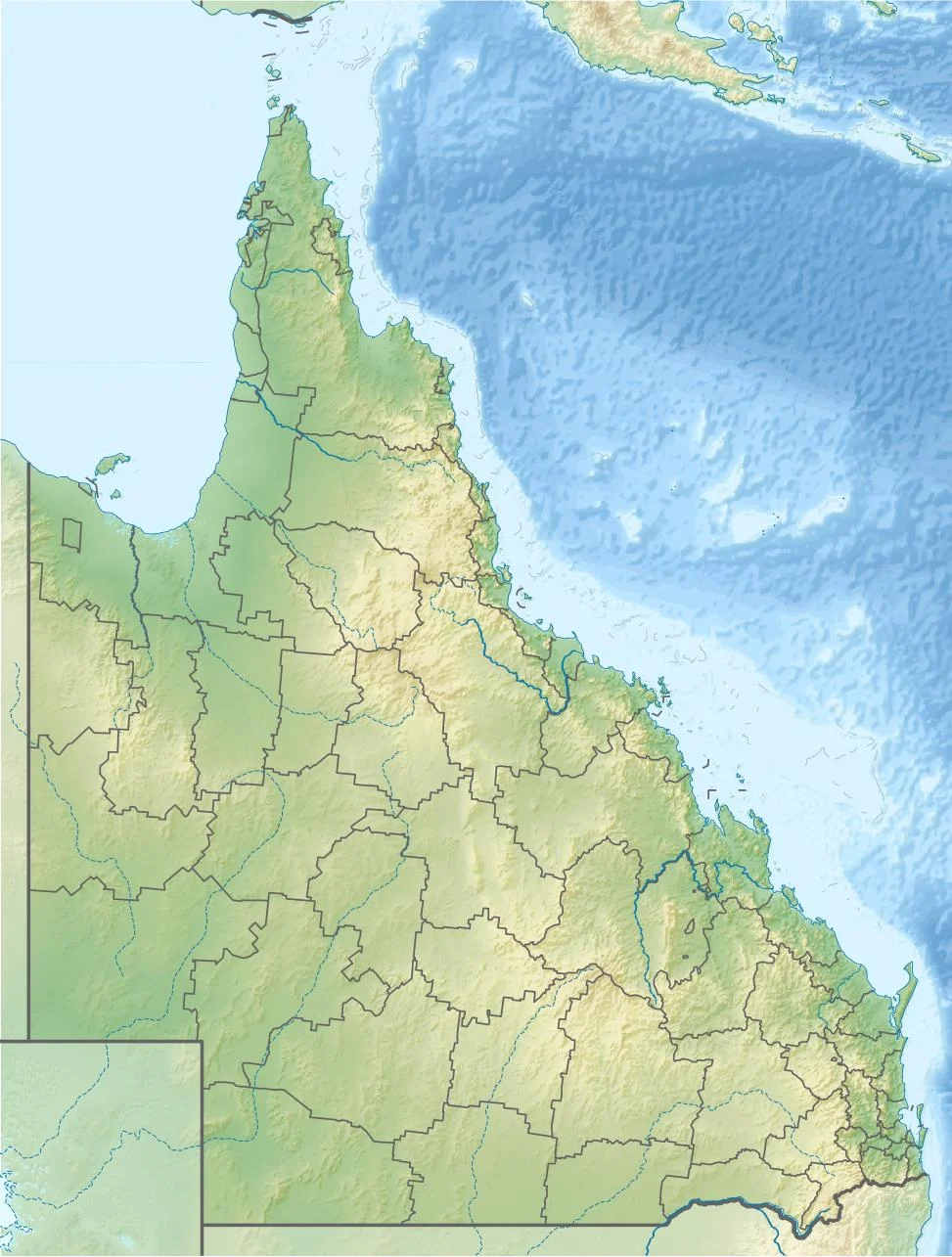 Location map of Queensland, Australia
Equirectangular projection, N/S stretching 106 %. Geographic limits of the map:

N: 9.0° S
S: 29.5° S
W: 137.5° E
E: 154.0° E
Borders and Reefs from the other map by NNW.