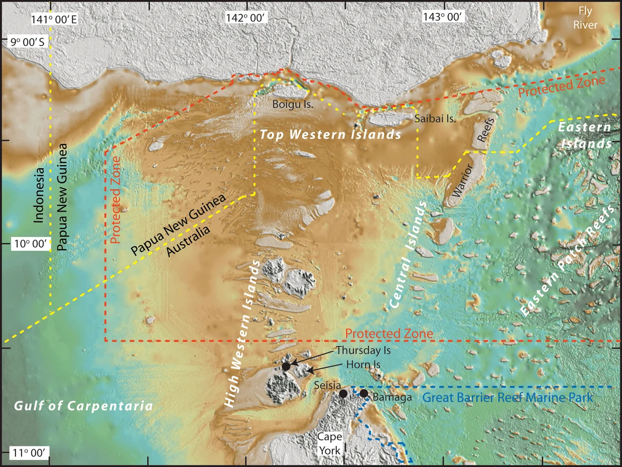 False colour bathymetric map of the Torres Strait region derived from a bathymetry grid developed by Geoscience Australia.  Colours represent water depths, as indicated.  The locations of the Torres Strait Protected Zone, the northern limit of the Great Barrier Reef Marine Park and the fishing/seabed jurisdiction boundaries of Australia, Indonesia and Papua New Guinea are shown.