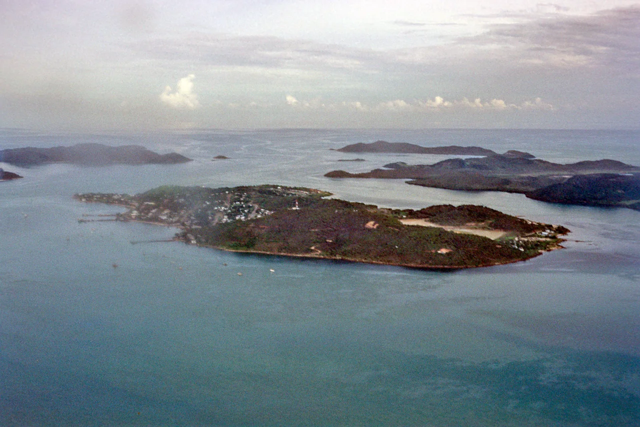 Air photograph of Thursday Island and other islands in Torres Strait, looking west from above Horn Island