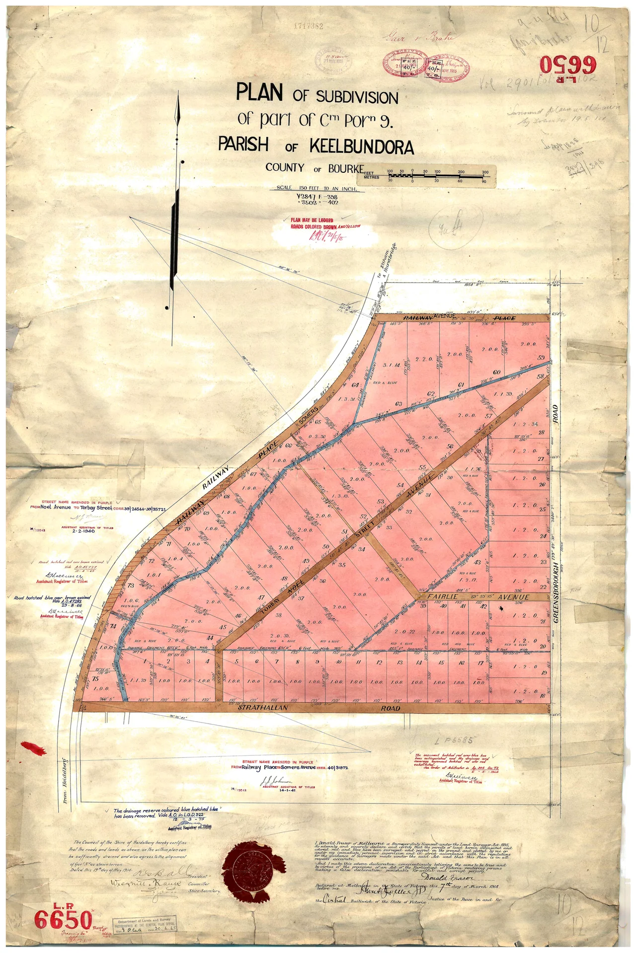 The original plan of subdivision for the Strathallan Estate in Macleod, Victoria, Australia. Created in 1914 by surveyor Donald Fraser.