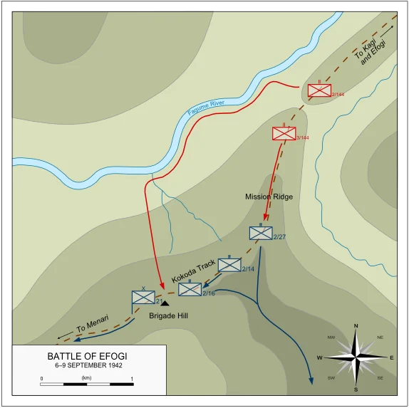 Map illustrating the Battle of Mission Ridge – Brigade Hill, which took place 6–9 September 1942.