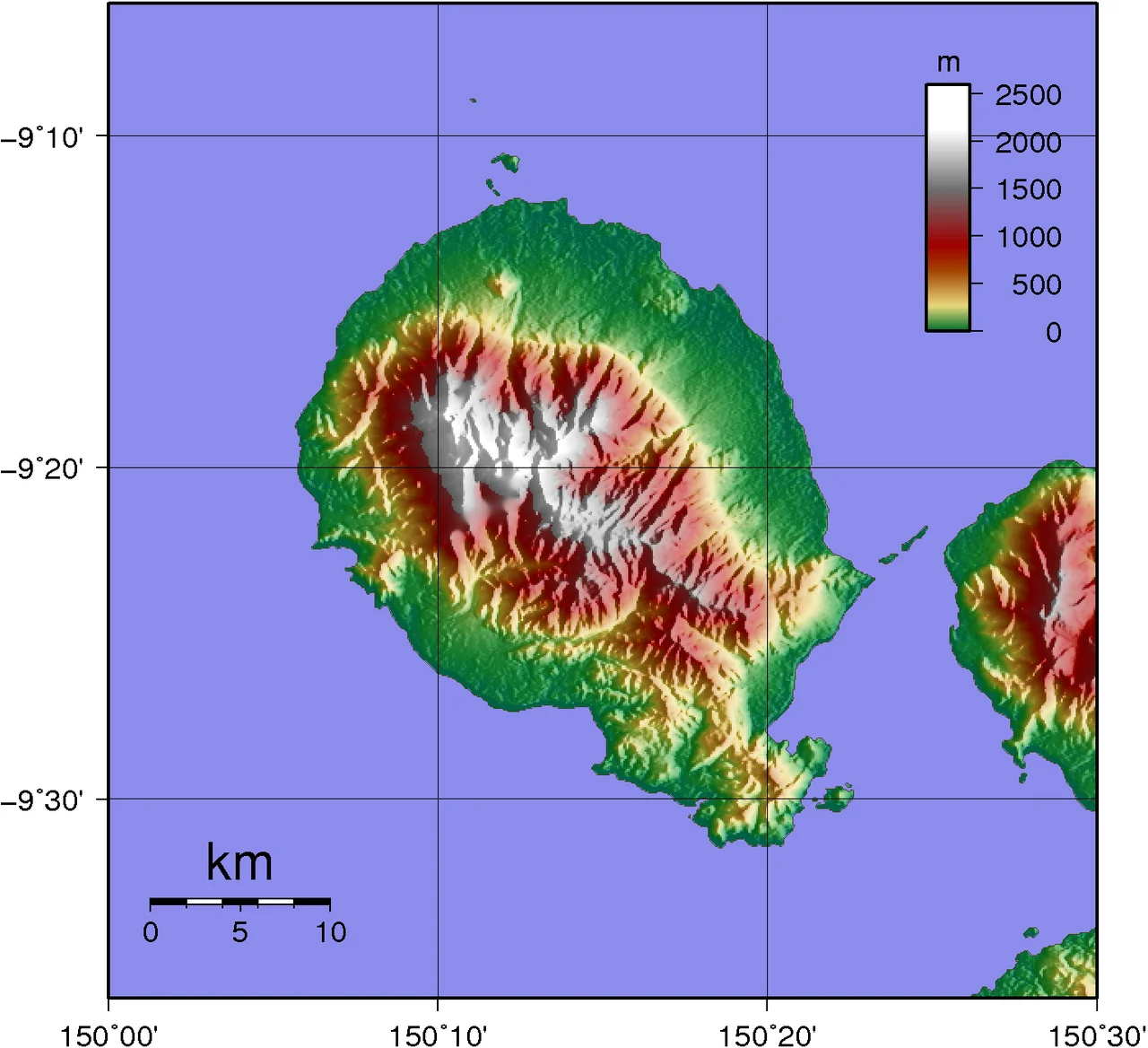 Topographic map of Goodenough Island

SRTM data has lots missing data up in the mountains...