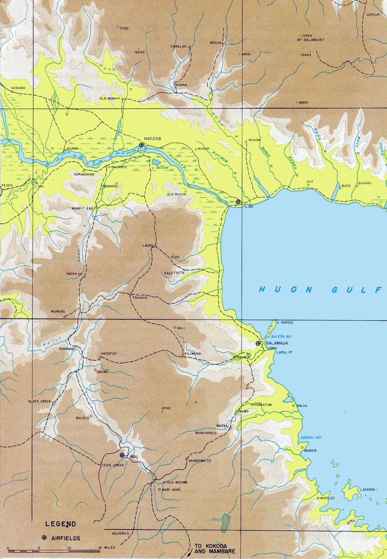 A U.S. military map of the area surrounding the towns of Salamaua And Lae, New Guinea