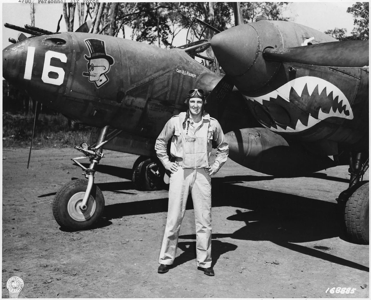 Scope and content:  One of the U.S. Army Air Force Aces is Captain Robert L. Faurot, of Cape Girardeau, Mo. who has shot down two Japanese Zeros. New Guinea.
General notes:  Capt. Robert L. Faurot served with the 39th Fighter Squadron and was shot down by Japanese A6M fighters during the Battle of the Bismarck Sea on 3 March 1943.
