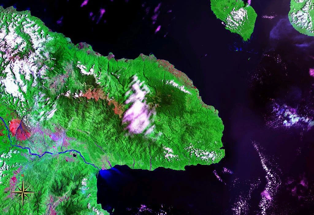 Huon Peninsula in Papua New Guinea. Satellite view.