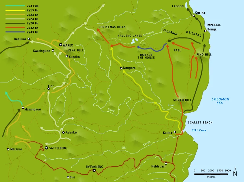 Map of part of Huon Peninsula, Papua New Guinea, showing details of Battle of Wareo