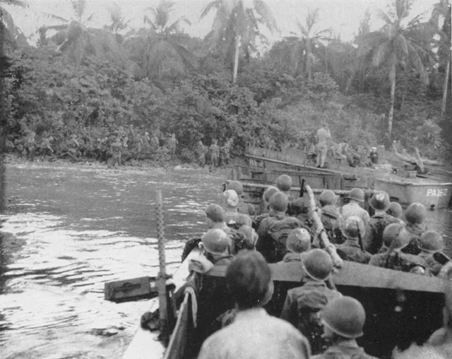 The US 2nd Battalion, 172nd Infantry Regiment landing on Arundel Island, August 1943