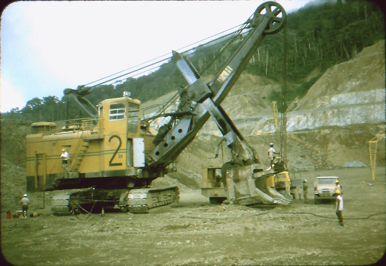 Shovel undergoing service Panguna mine overburden, Boungainville, c. 1971