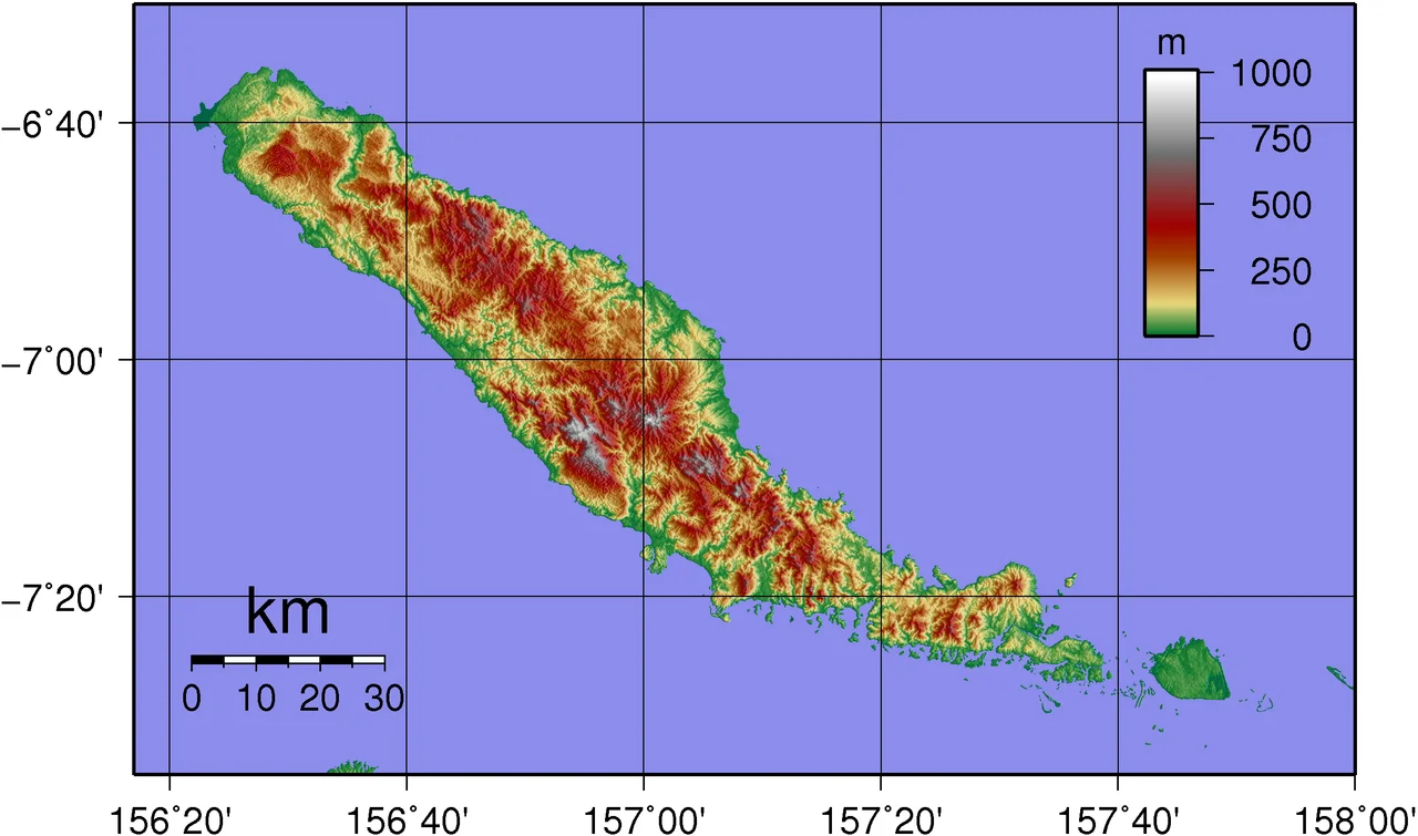 Topographic map of Choiseul Island in Solomon Islands. Created with GMT from pblicly released SRTM data.