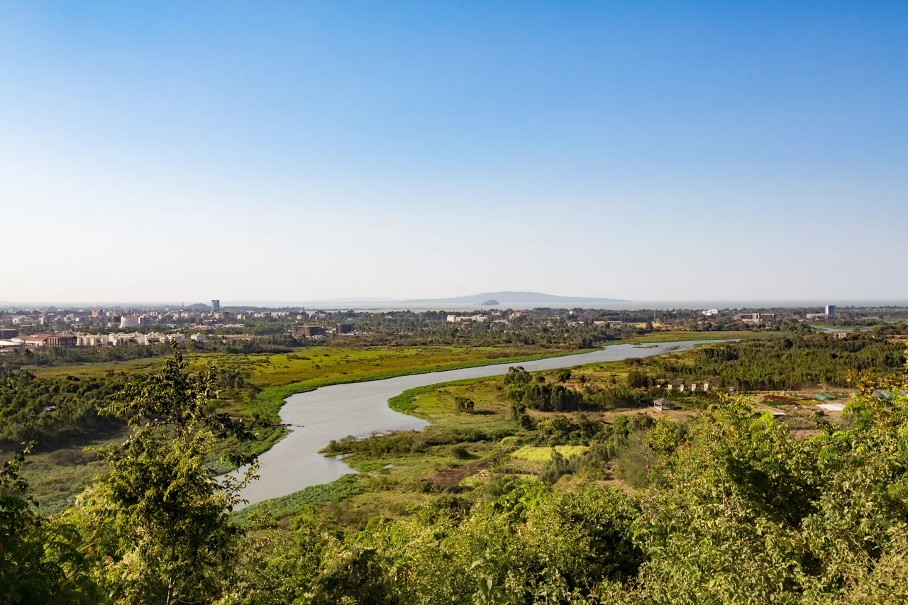 The Blue Nile with the city of Bahir Dar, Lake Tana and Dek Deset Island in the background