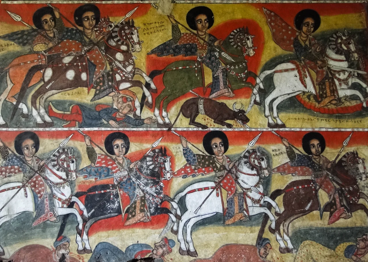 Painting of warriors in Ura Kidane Mehret Church located on the Zege peninsula in Lake Tana, Ethiopia