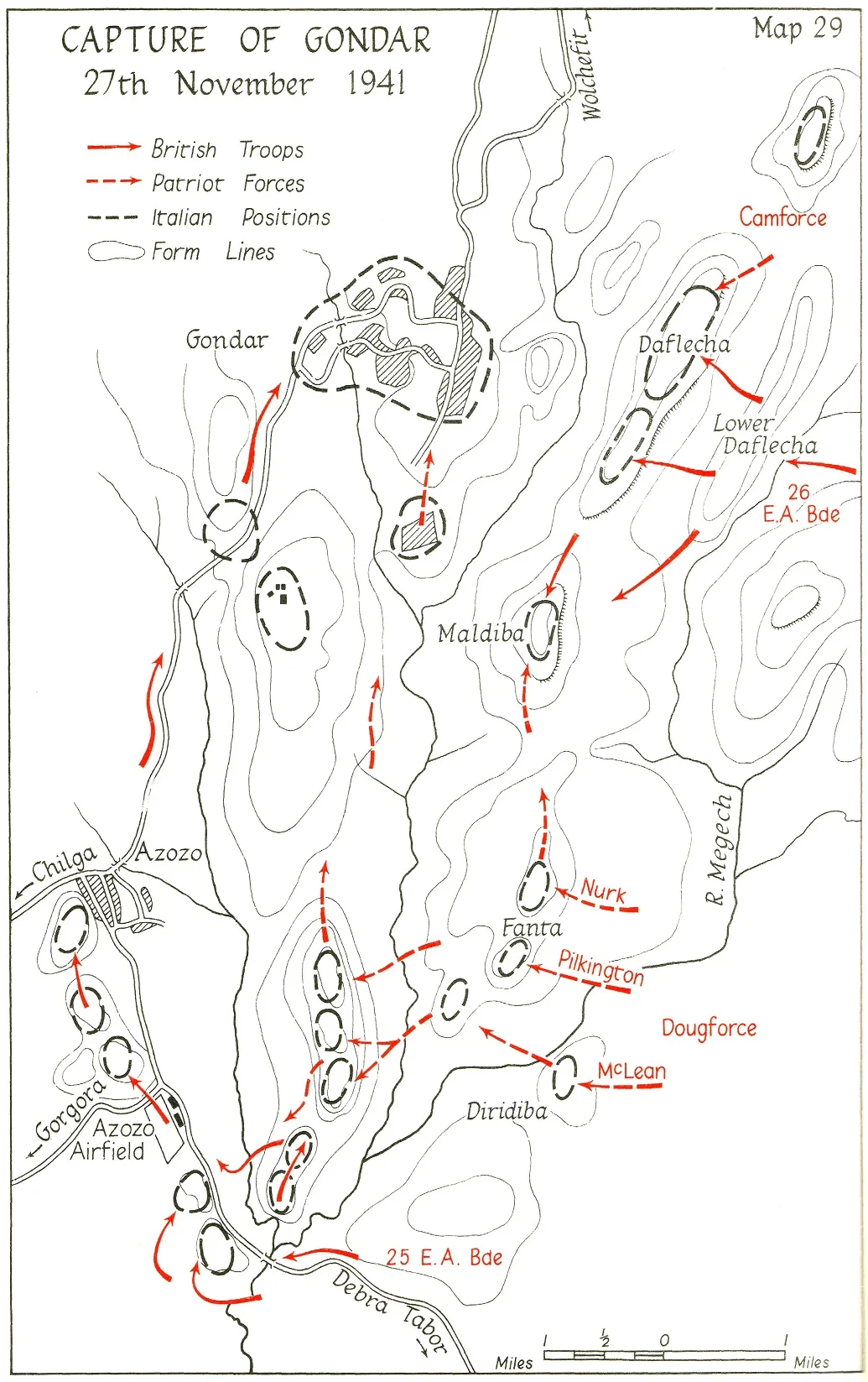 Map of British and Ethiopian movements against the Italians at the Battle of Gondar, November 1941