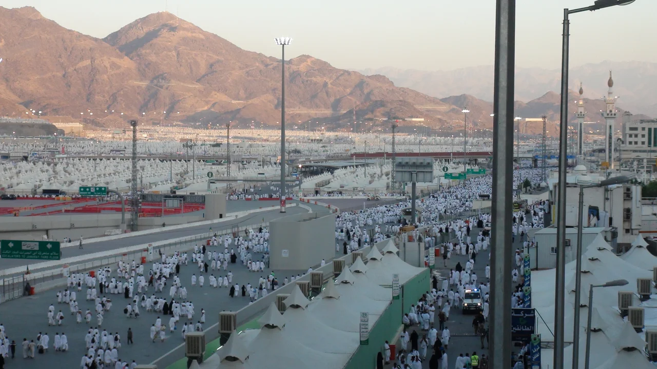 Photo from mountainside of the tented areas covering the Plain of Mina, Saudi Arabia