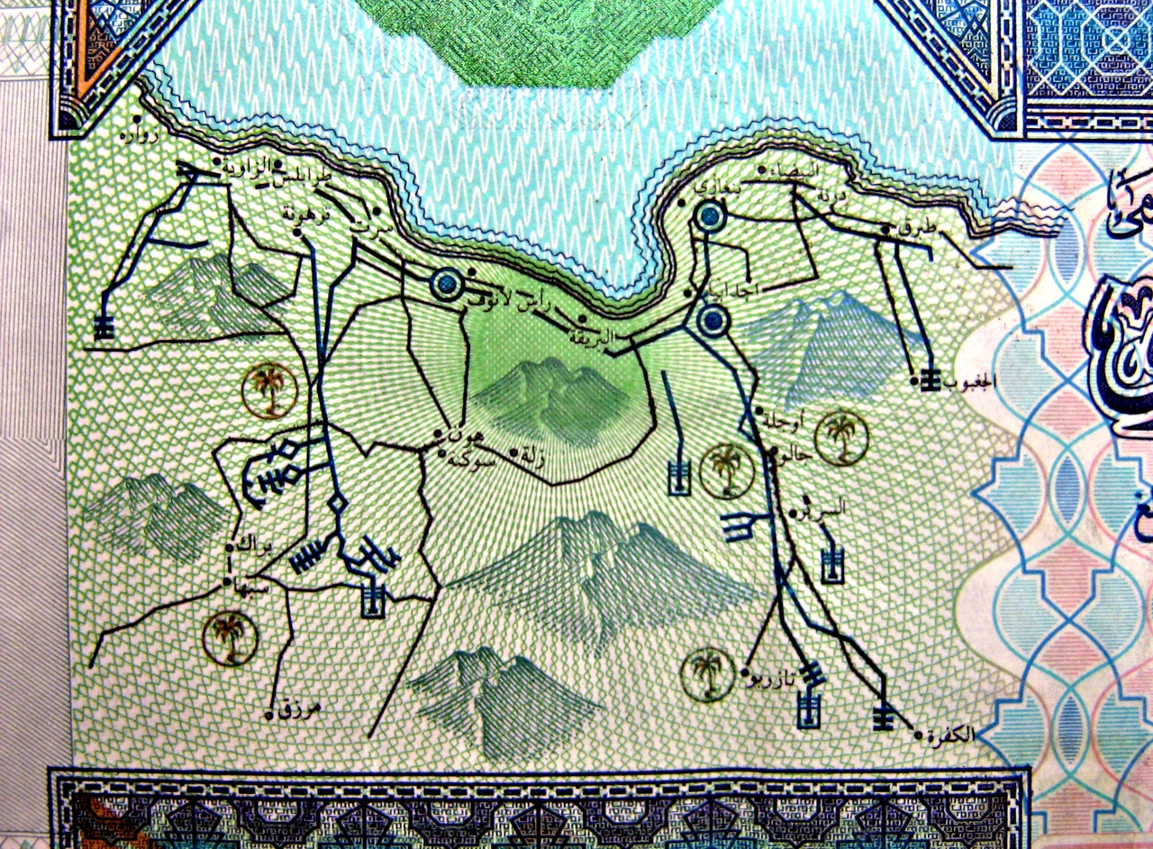 Map of the Great Manmade River water project in Libya - as seen on the 20 dinar currency.