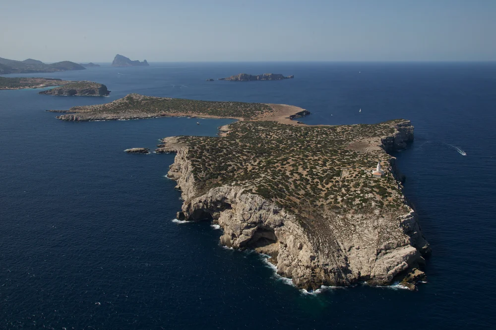 Aerial view of the little island of Sa Conillera, nearby St. Antoni de Portmany, Ibiza, Balearic Island, Spain.