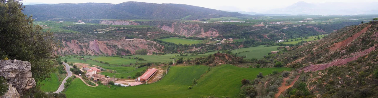 Panorama of the red beds of the Tremp Formation in the eastern Tremp Basin, looking south from Abella de la Conca