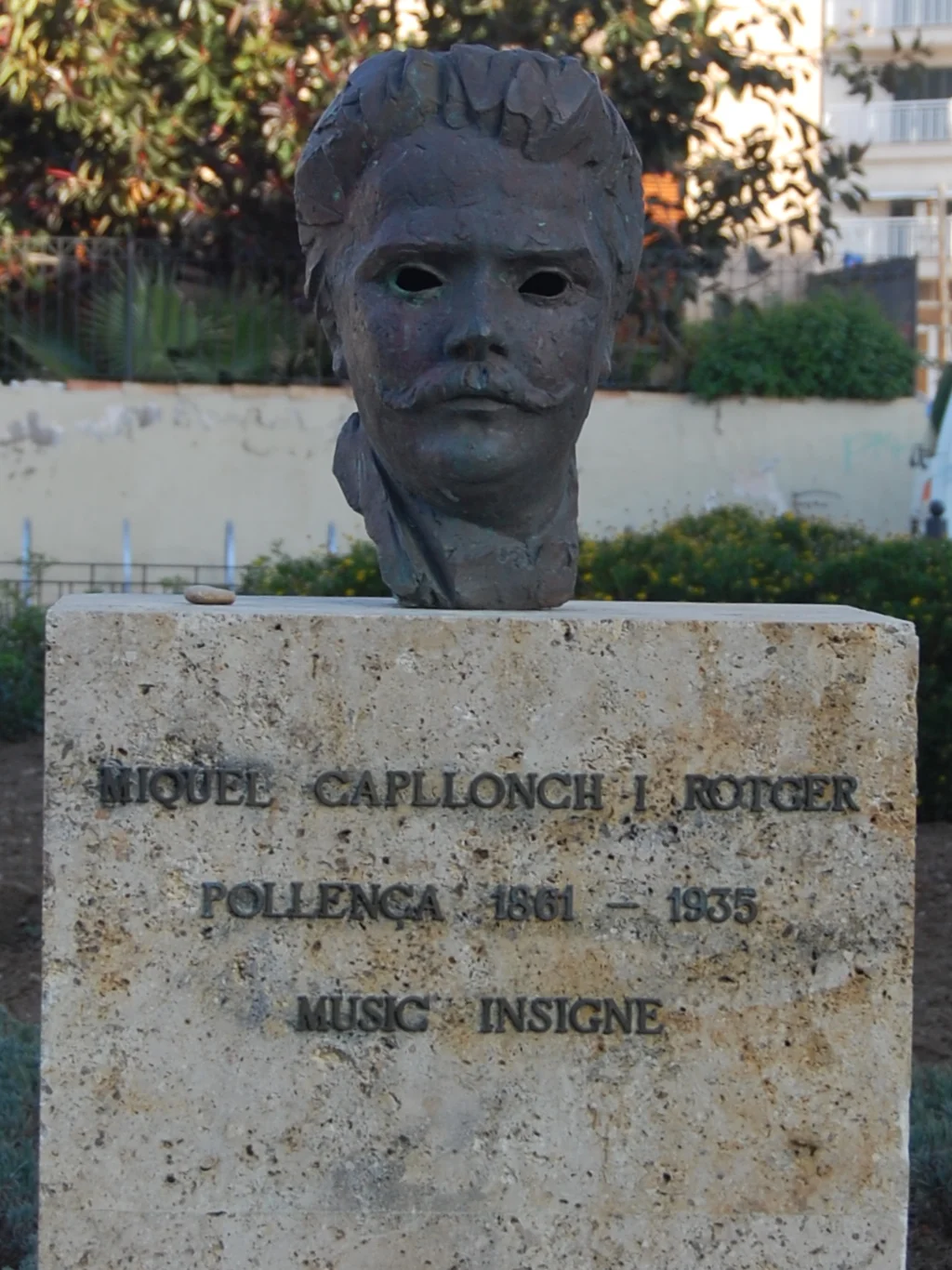 Bronze bust of Miquel Capllonch Rotger in the main square, Port de Pollença, Majorca, 'Placa de Miquel Capllonch', which is named after him.