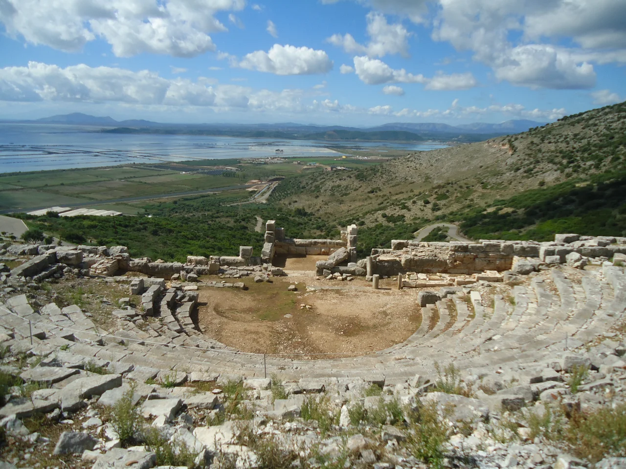 Pleuron (Plevrona) ancient theater. Mesologi lagoon on the background.