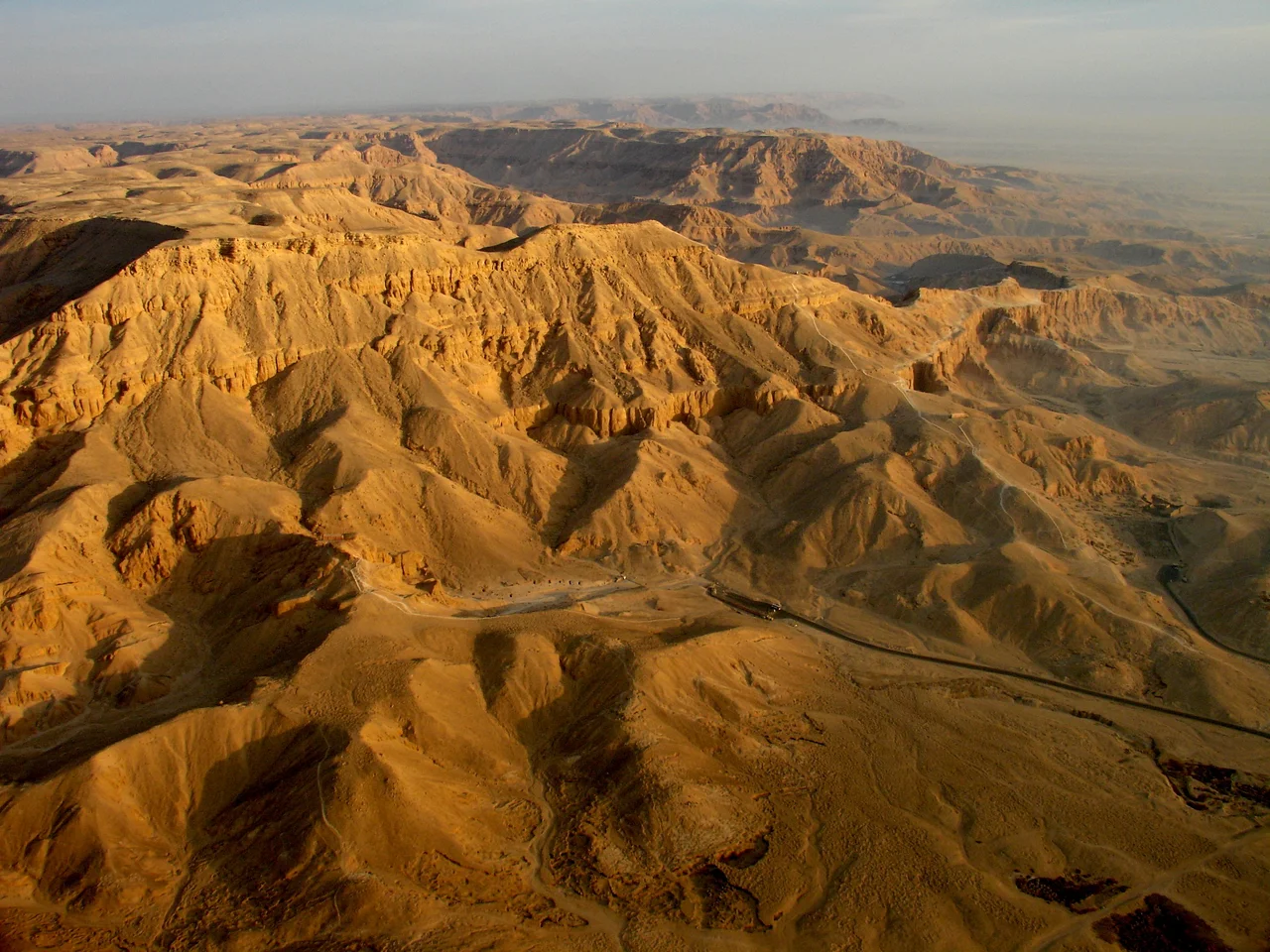 Valley of the Queens as seen from a balloon flight (Luxor, Egypt). The visible road leads to the Valley.