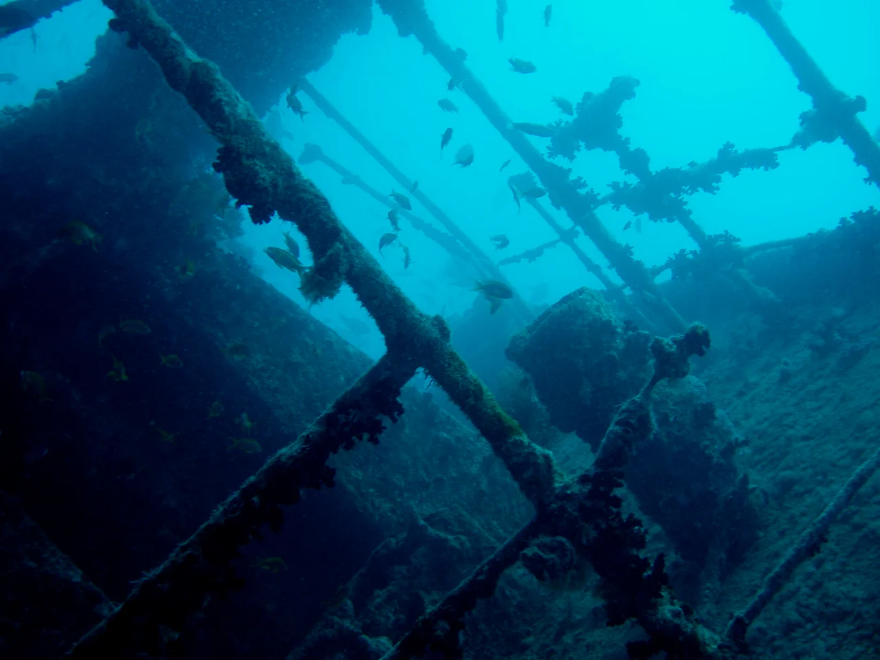 A view aft of the bridge of the SS Thistlegorm, a supply ship sunk in the Red Sea near Ras Muhammed, Sharm el Sheikh