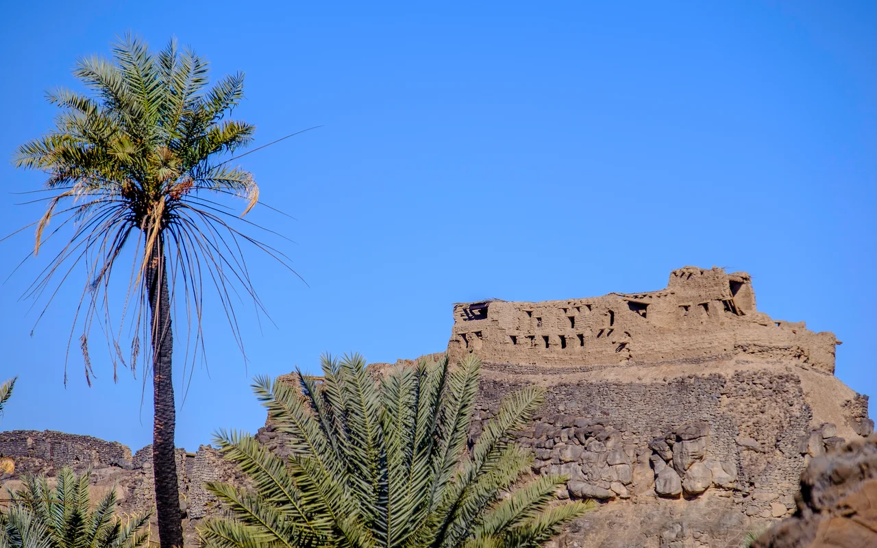 Het fort Qamus gezien vanaf de oase bij Khaybar