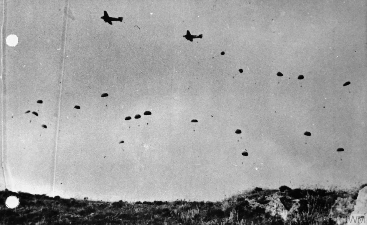 The Battle of Crete, 20 - 31 May 1941. German paratroopers jumping from Junkers Ju 52 3/m transport planes over Crete.