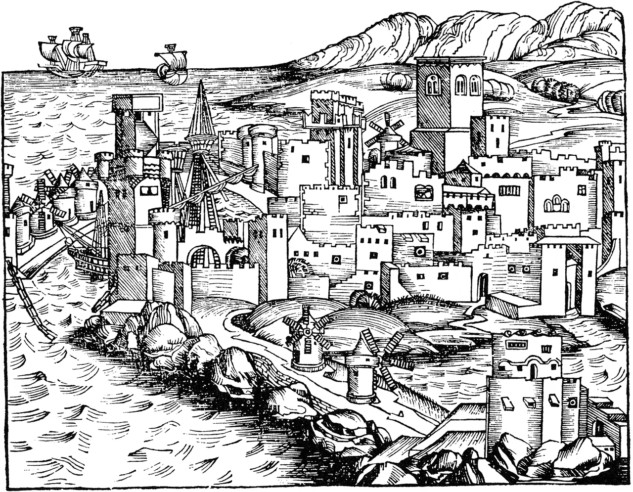 View of Rhodes (i. e. Rhodos, Rhodus), capital of the Greek island of the same name, around 1490. The realistic details are noteworthy; e.g. the windmills around the town, esp. at the seaside.
