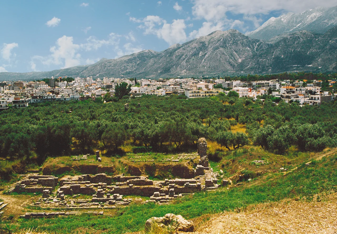 Sparti today, clasical Sparta, Peloponnese, situated in fertile valley of River Evrotas, flanked by Taygetos-Mountains (background) and Parnon-Mountains.