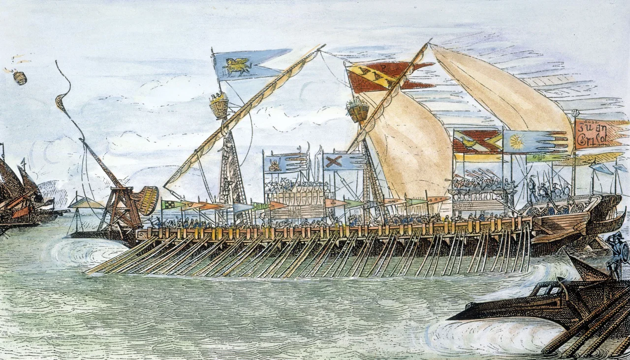 A 19th century engraving of a Venetian galley fighting a Genoese fleet at the battle of Curzola in 1298. The Granger Collection