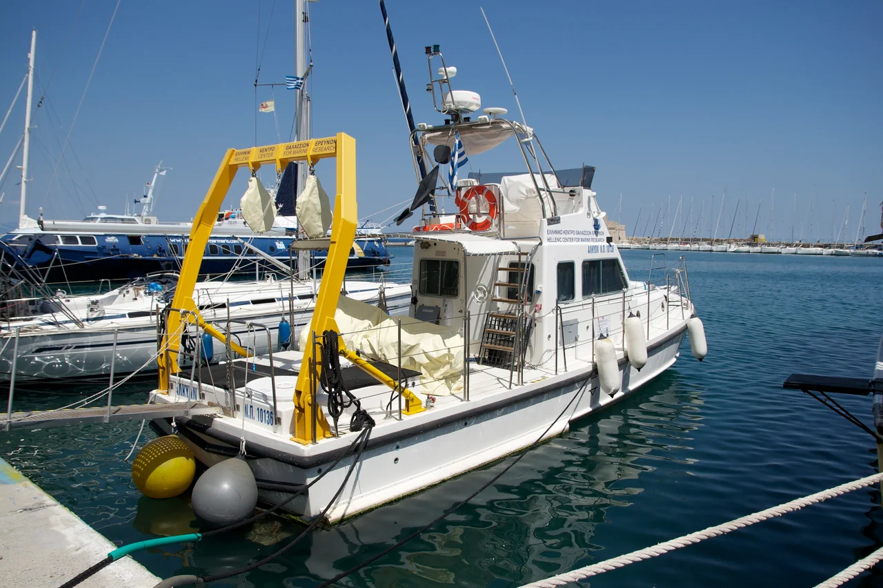 "Alkyon", a ship of the Hellenic Center for Marine Research, Harbour of Rhodes, Greece.