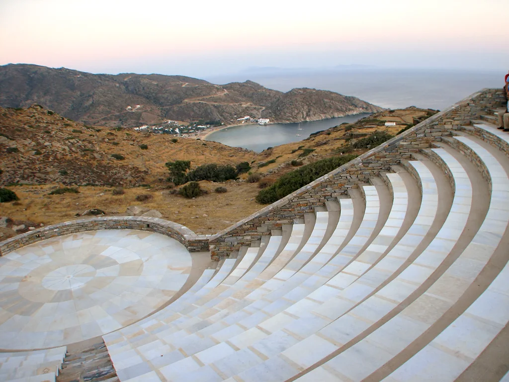 Odysseas Elytis open air theater at dusk in Ios, Greece. Mylopotas bay can be
seen in the background.