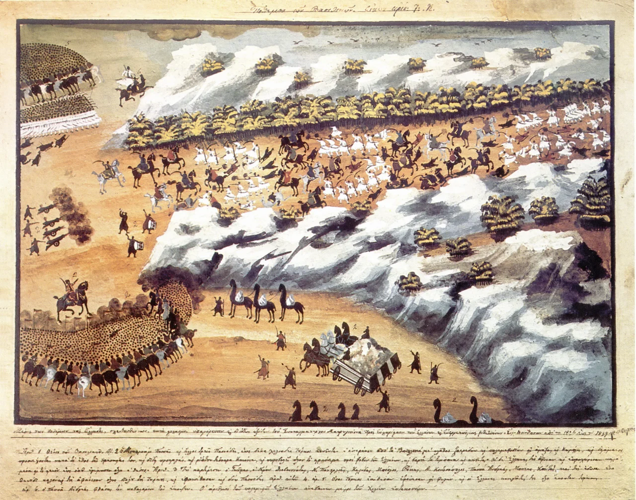 Scene from the Greek War of Independence. Painting by Panagiotis Zografos, under the guidance of Yannis Makriyannis.