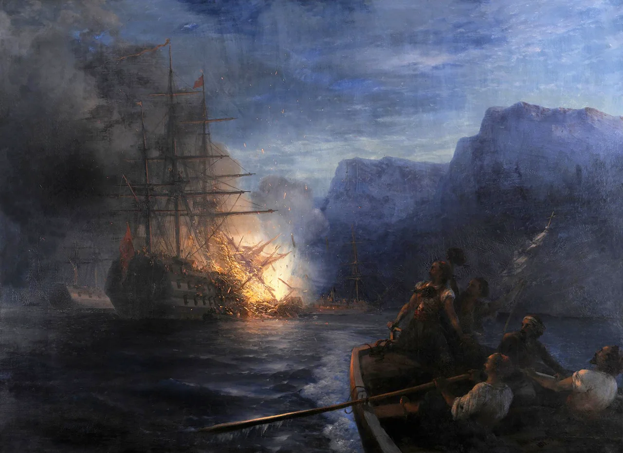 The attack to the turkish flagship by a fireship commanded by Kanaris at the island of Chios