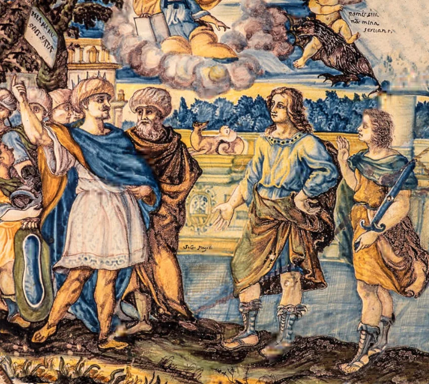 Meeting between Cyrus the Younger and Lysander, by Francesco Antonio Grue (1618-1673), maiolica with a dusting technique, Castelli manufacture, Abruzzo. Italy, 17th century