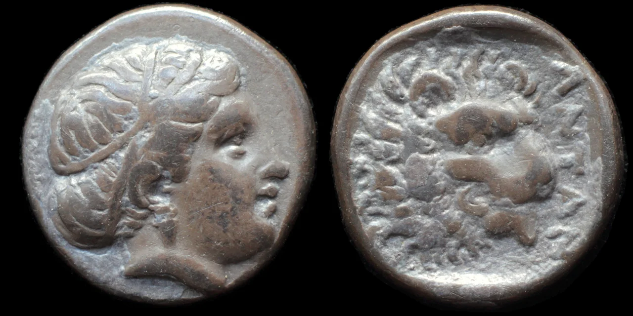 struck in the late 5th century BC
obverse: female head right (Artemis Astyrene?)
reverse: lion head right within incuse square
ANTAN

ref.: Cf. SNG von Aulock 7582 (later type without incuse); SNG München -; SNG Ashmolean -; cf. SNG Tübingen 2555 (same); cf. Klein 298 (same); Traité II -; CNG E-369, lot 113; Gitbud &amp; Naumann 24, lot 170.
