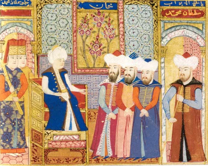 Sultan Mehmed I with his dignitaries. Ottoman miniature painting, kept at Istanbul Üniversitesi Rektörlügü, Istanbul (Inv. T 5970, fol 264v)